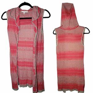 SAY WHAT - Sz Small Red Tan Tribal Print Long Open Duster Cardigan Hooded S…